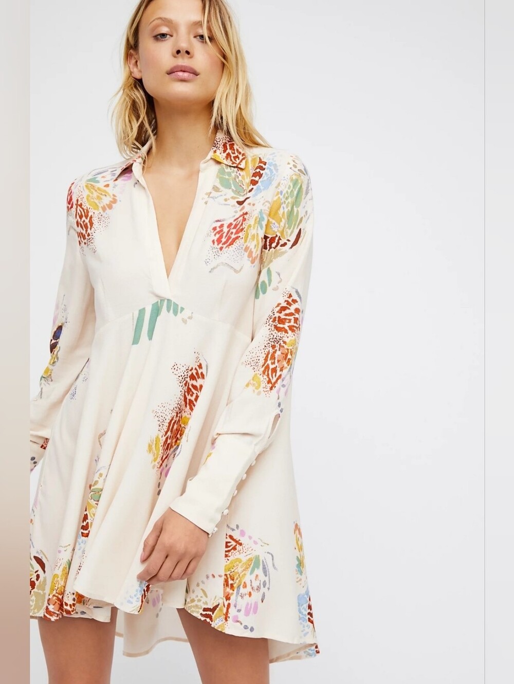 Free People Field of Butterflies Tunic Dress Ivory Floral Boho Mini